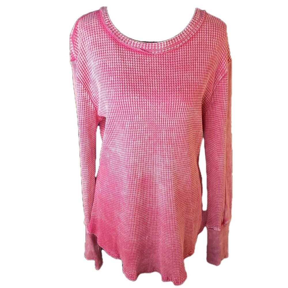Zenana Small Thermal Top Mineral Washed Pink Waffle Knit Long Sleeve Lagenlook